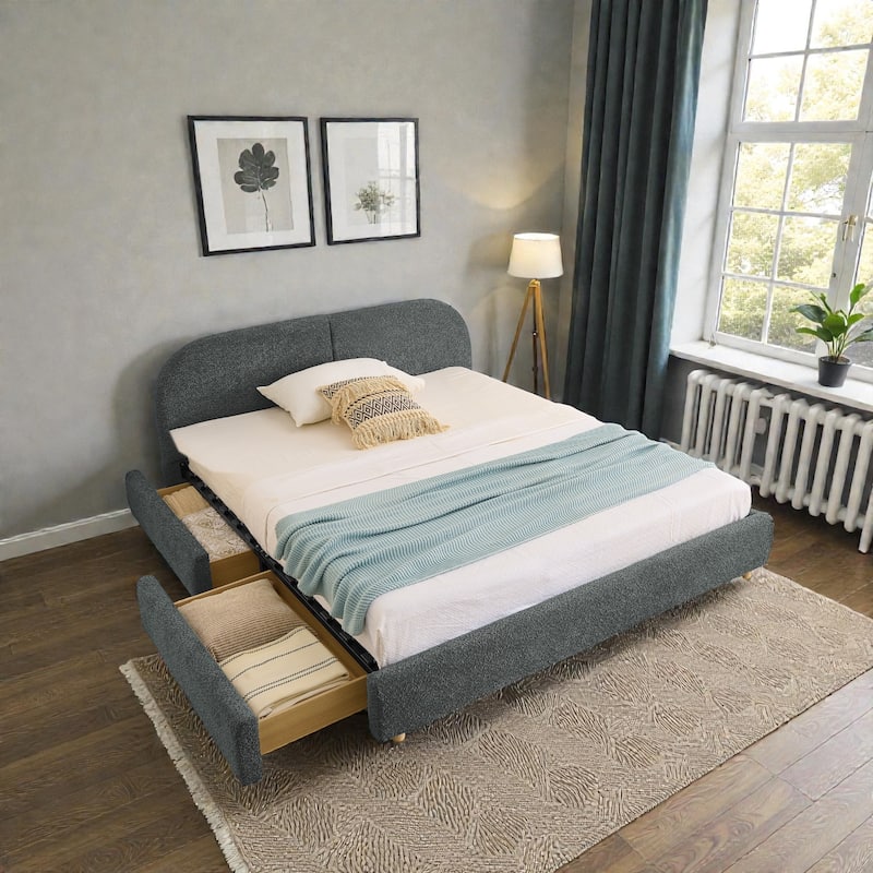 Upholstered Bed Frame with Tall Curved Headboard and Storage Drawers, Modern Minimalist Platform Bed No Box Spring