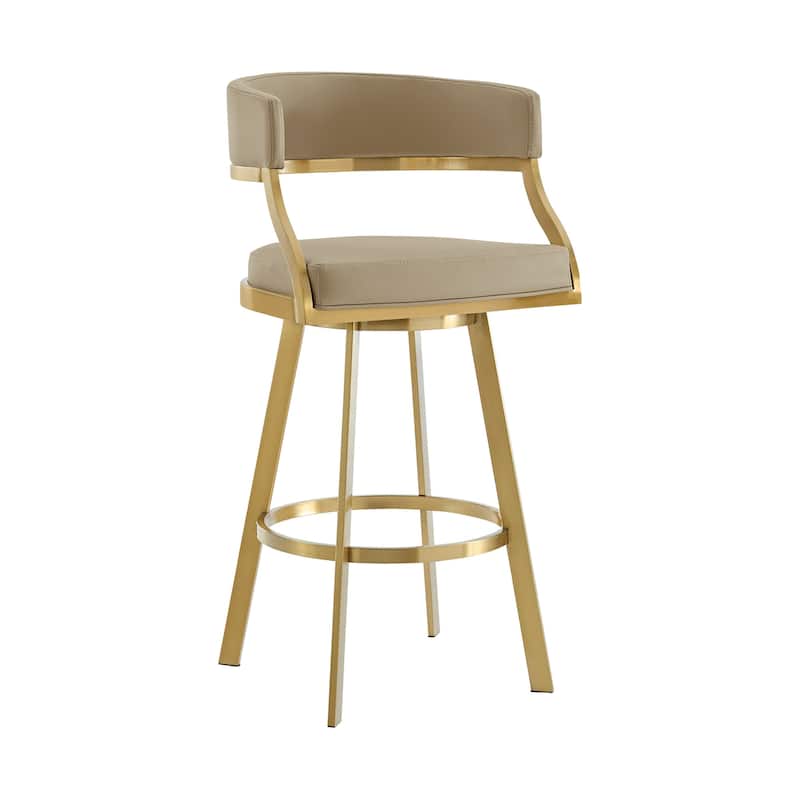 HomeRoots 30" Sand and Gold Faux Leather and Stainless Steel Low Back Bar Height Swivel Bar Chair
