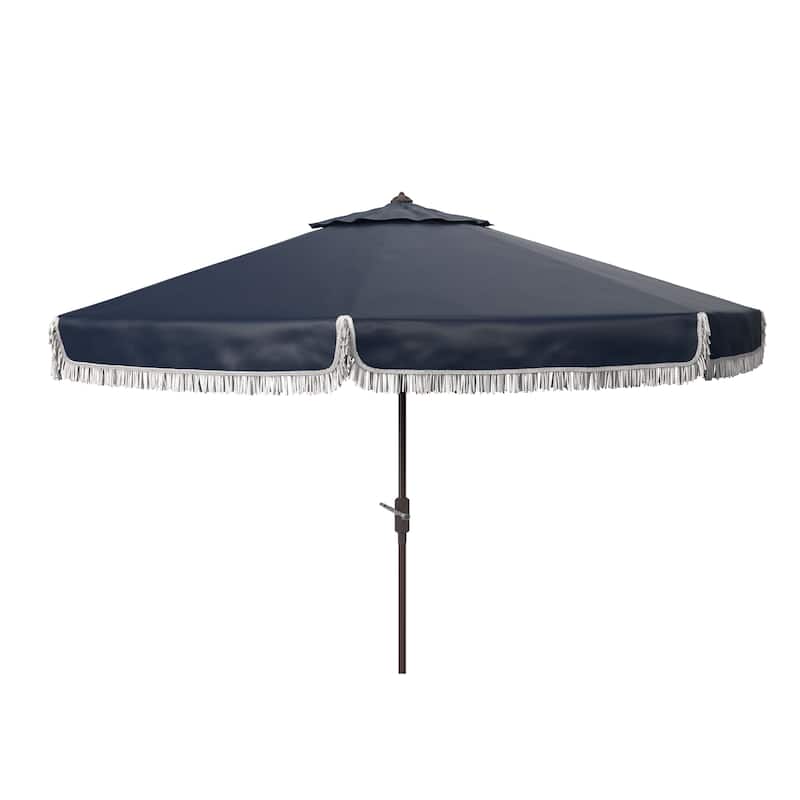 SAFAVIEH Outdoor Dima Fringe 11Ft Round Crank Umbrella - Navy/White