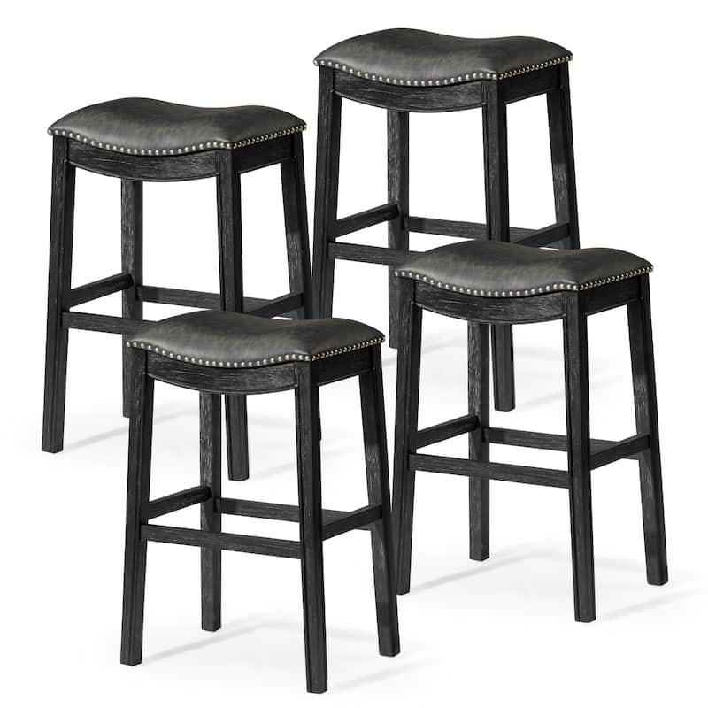 Maven Lane 31" Adrien Saddle Kitchen Bar Height Stool - N/A - Set of 4 - Aged Black Vegan Leather