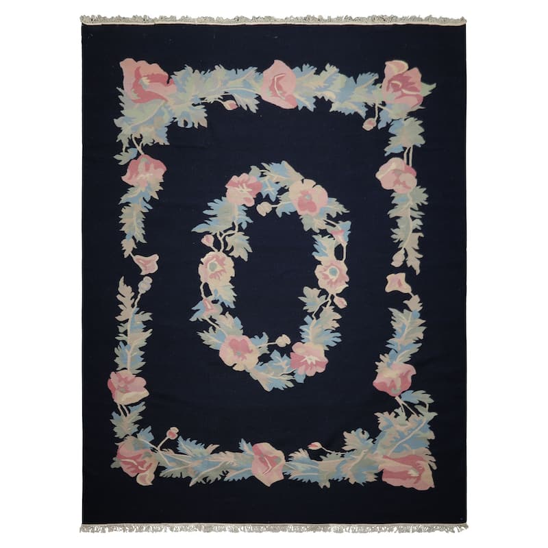 8'9''x12 Hand Woven Wool Navy Kilim Traditional Area Rug - 8' 9'' x 12' - 8' 9'' x 12'