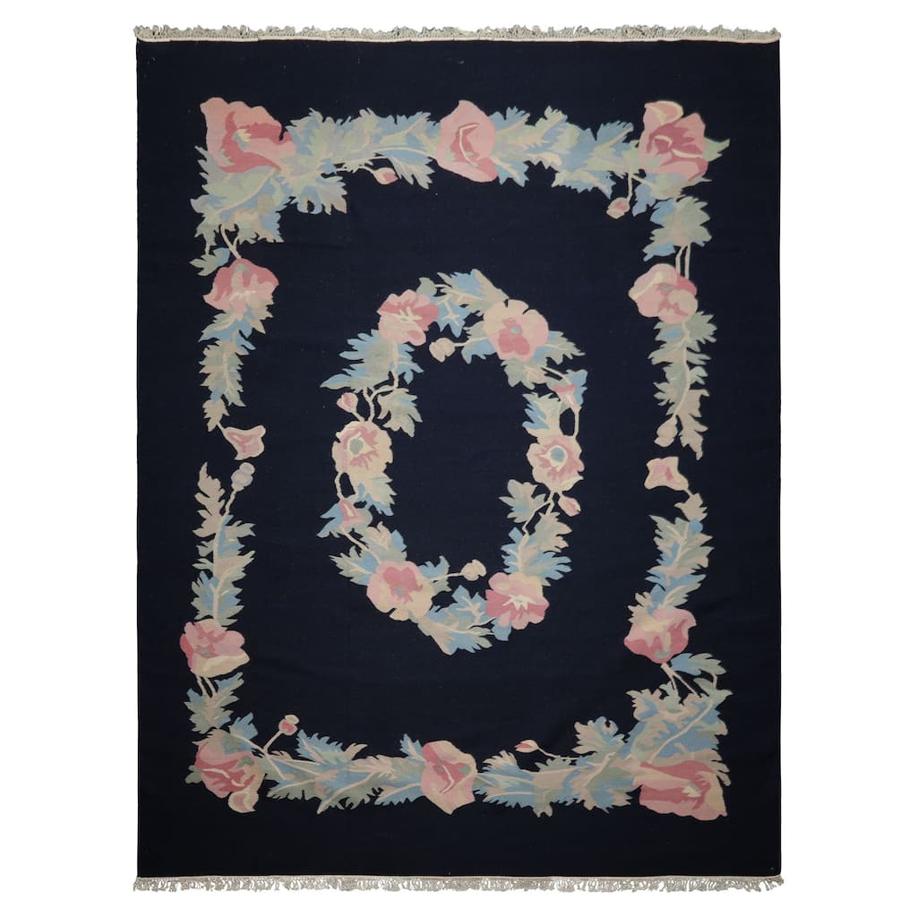 8'9''x12 Hand Woven Wool Navy Kilim Traditional Area Rug - 8' 9'' x 12'