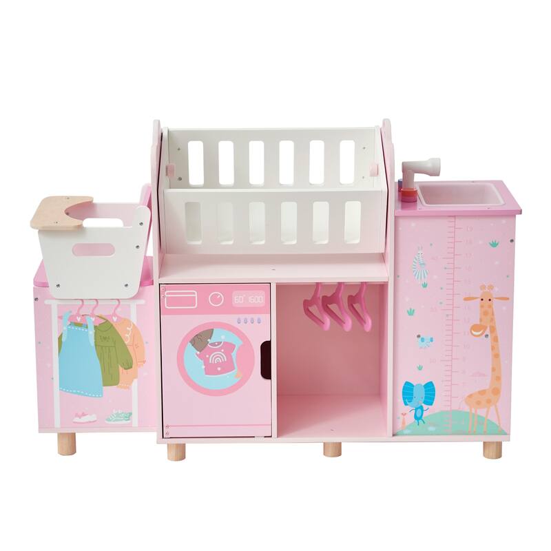 Teamson Kids Wooden 6-in-1 Doll Nursery Pretend Play Toy Set with Cradle, Sink, and Washer for Ages 3-5 Kid and Toddlers - Pink