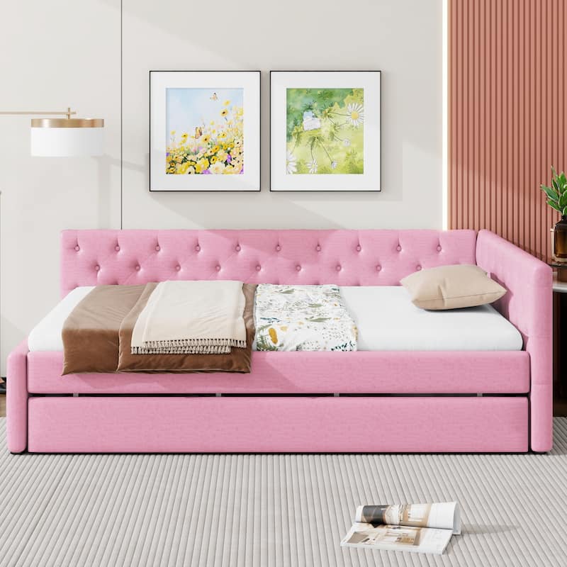 Full XL Size Upholstered Platform Bed Frame with Trundle, Elegant Tufted Button Design and Extra Sleeping Space for Bedroom