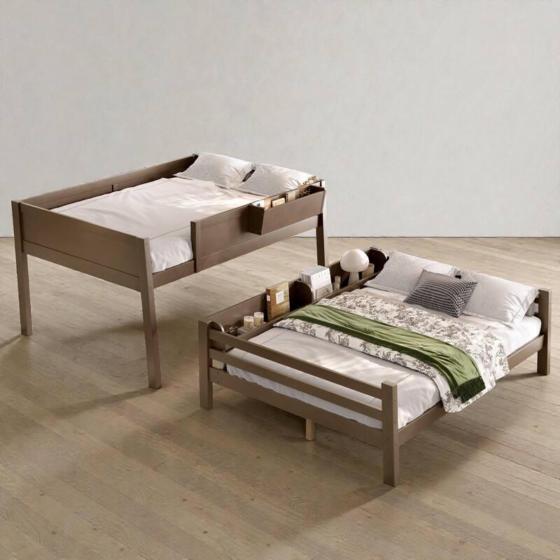 Wooden Bunk Bed Frame with Built-In Storage Shelves, Convertible to Two Beds, No Box Spring Needed