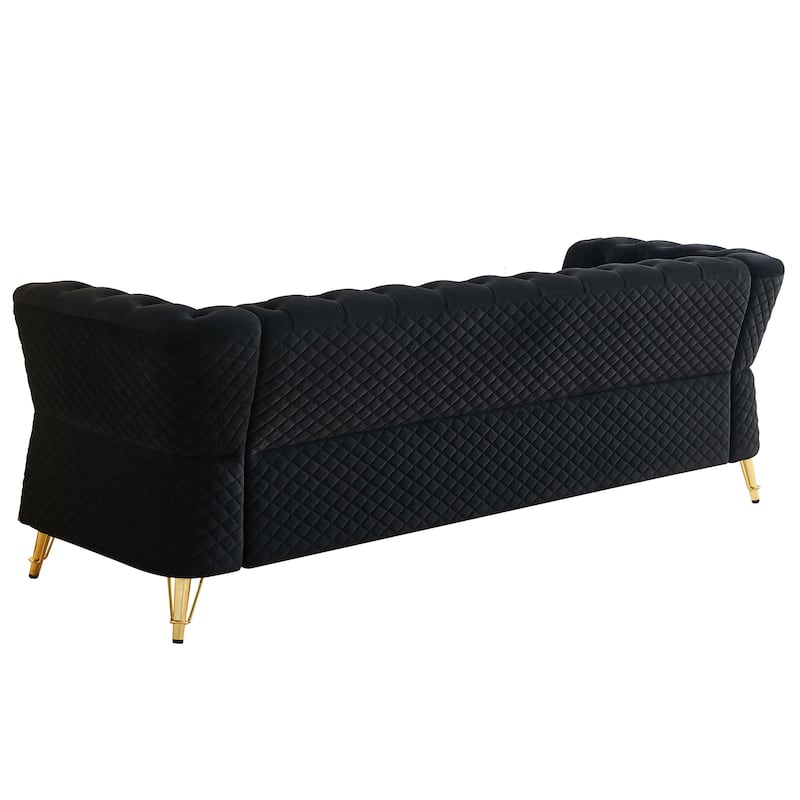 Mid-century Couch Velvet Upholstered Sofa with Button Tufted Backrest, Unique Armrest Design and Golden Metal Decor