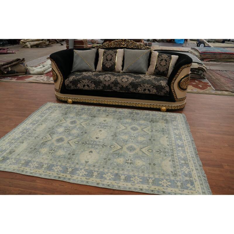 Hand-knotted Transitional Silk Carpet Blue Oushak Rug Geometric Oriental Area Rug - 7' 11'' X 5' 6''
