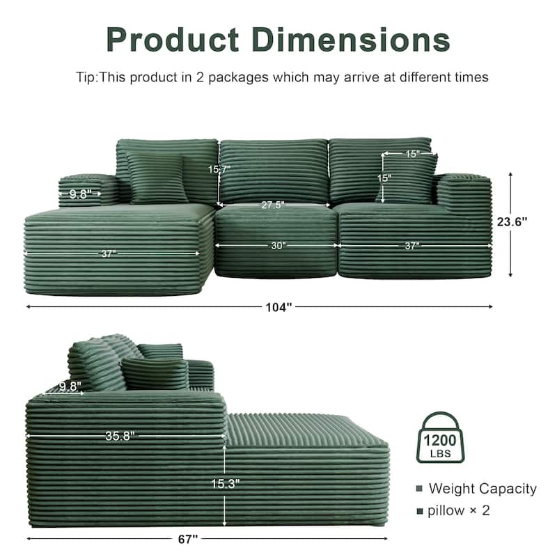 104" Modular Sectional Sofa with L-Shape Chaise Modern Upholstered Cloud Couches with Throw Pillows - 104 in.W x 23.6 in.H