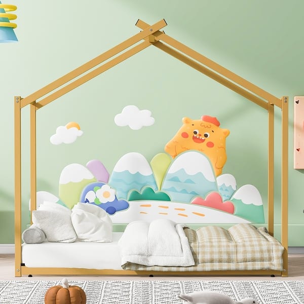 slide 2 of 4, Twin Size House-shaped Platform Bed with Trundle, Metal Bed Frame with Supprot Slat, Pull-out Bed with Shelf, Natural Gold