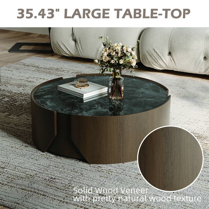 35.43" Modern Round Coffee Table, Dark Brown Solid wood, Glossy Faux Marble Table top, for Living Room