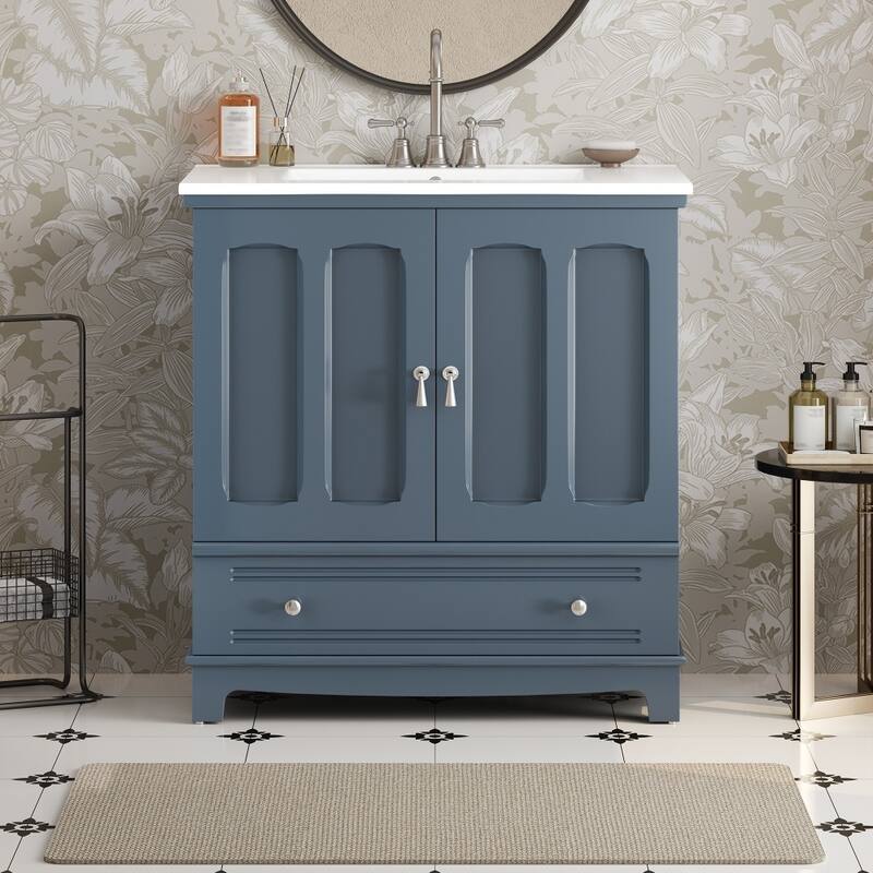 30" Wooden Bathroom Ceramic Sink Cabinet with Shelf, Drawer with Divider