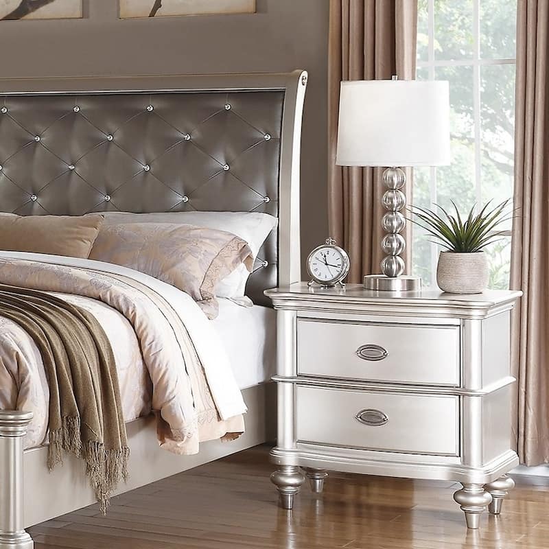 Elegant 2-Drawer Nightstand in Silver or Beige, Modern Bedroom Bedside Table with Satin Finish