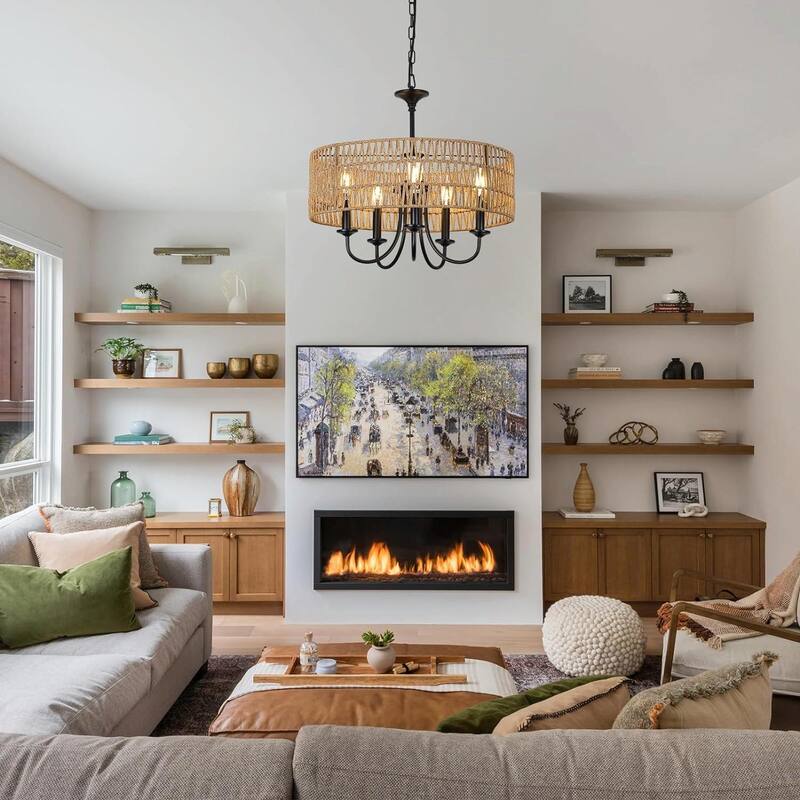 5-Light Farmhouse Chandelier - Hand-Woven Rattan with Gooseneck Metal Frame