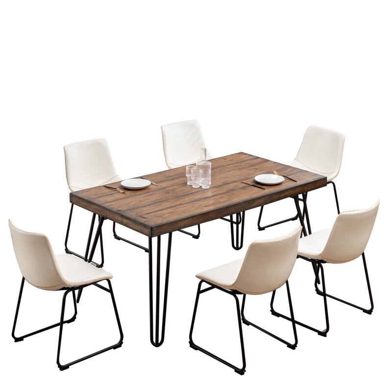 7-Piece Industrial Retro Dining Table and Chair Sets with Metal Legs and Rubber Footpads for Lofts Kitchens Dining Rooms