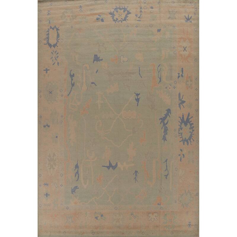 Hand Knotted Oriental 100% Wool Carpet Transitional All-Over Green Oushak Area Rug - 12' 4'' X 9' 3''