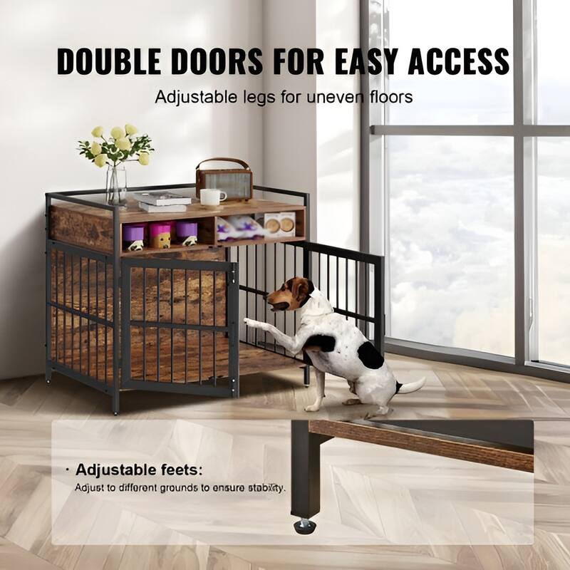 Rustic Brown Wood Metal Dog Crate, Dual-Door Pet Furniture with Storage Shelf - 41” L x 23.6” W x 36.2” H