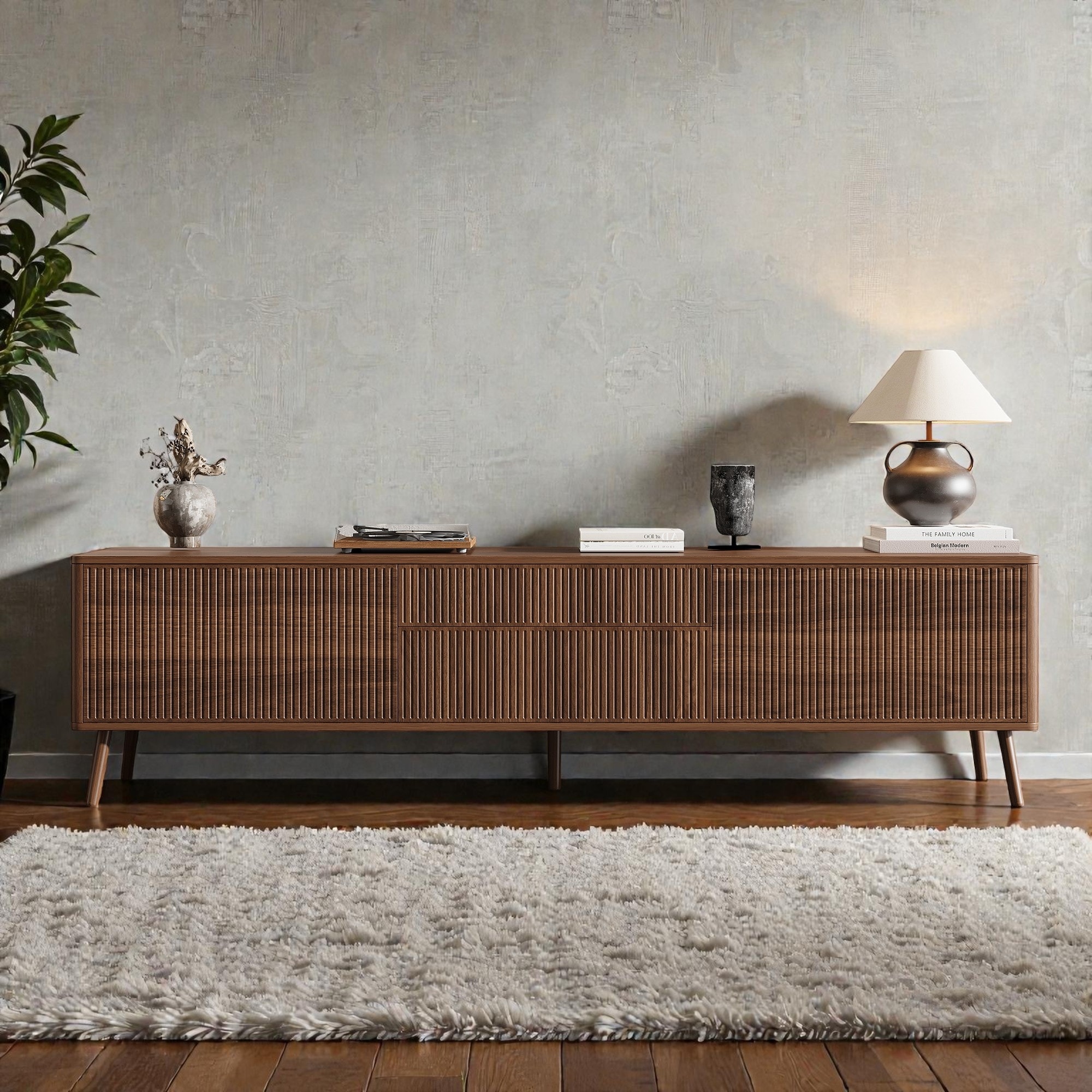 70" Fluted TV Stand for TVs Up to 80", Modern Entertainment Center with Storage Drawers, Cable Management & Soft-Close Hinges