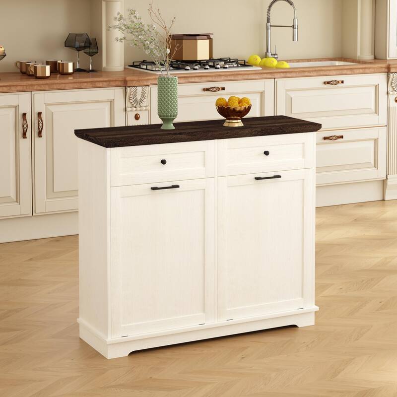 20 Gallon Double Tilt Out Trash Can Cabinet Freestanding Trash Bin Cabinet Wood Garbage Recycling Cabinet with Hideaway Drawer