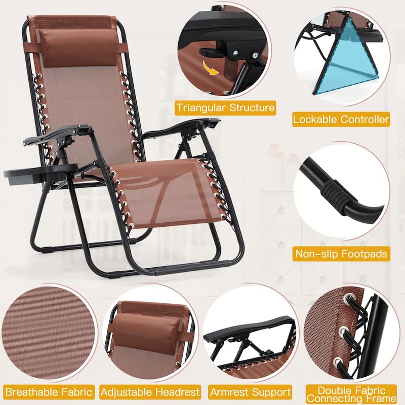 Zero Gravity Lounge Chair Set of 2 – Outdoor Folding Recliners with Cup Holder, Adjustable Headrest, Weather-Resistant Fabric
