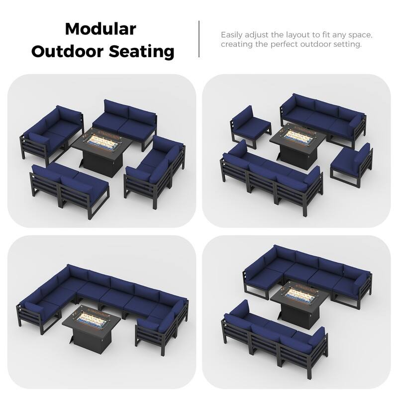 9-Piece Aluminum Outdoor Furniture Set With Fire Pit Table Propane/Natural Gas 60,000 BTU, Extra Large Aluminum Patio Sectional