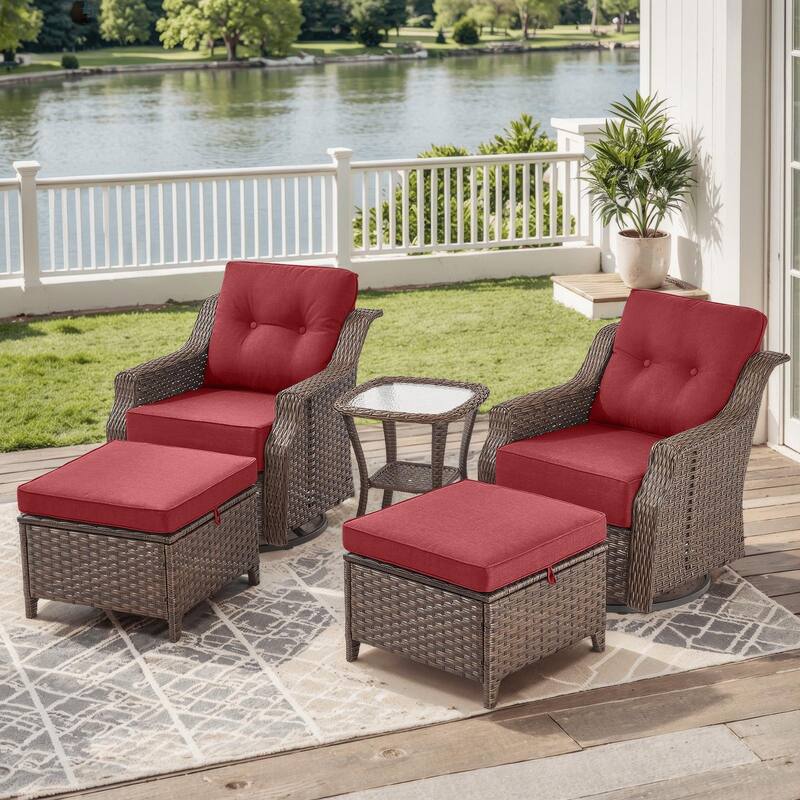 Outdoor Wicker Rattan Sofa Set for Garden - Brown Wicker & Red Cushion - 5PCS Gldier Chairs Table with Ottoman
