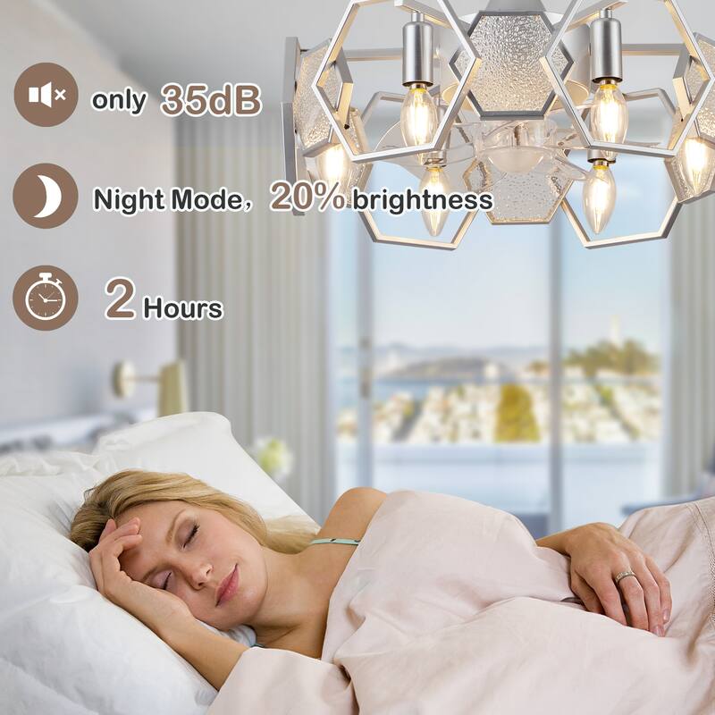 CurveCurio 20" Chandelier Ceiling Fan w Textured Glass Accent, 6 Lights Quiet DC Motor 6 Speed w Remote Control