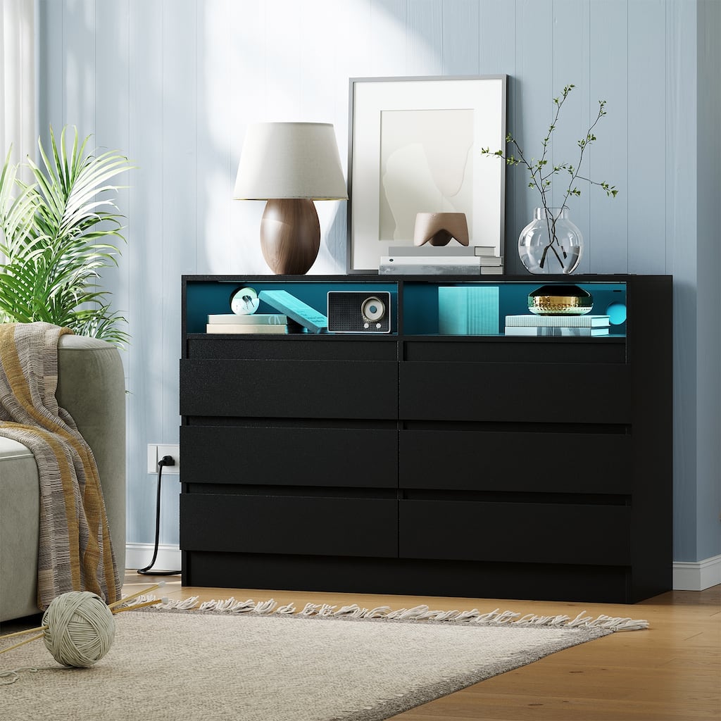 Modern 6-Drawer Dresser with LED Lights and Power Outlet, Storage Chest with Charging Station