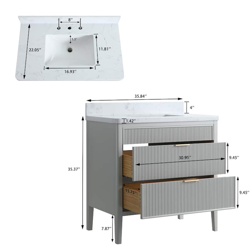 Modland 36" Freestanding Bathroom Vanity with Carrara Marble Top, Soft-Close Drawers, Fully Assembled, Green/Grey - 36 inch