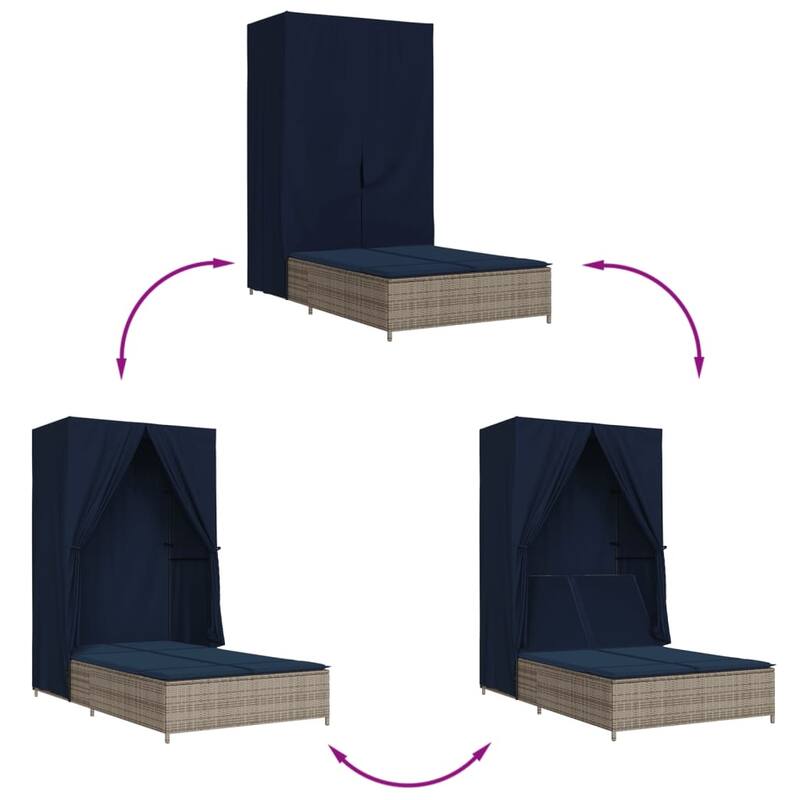 vidaXL Double Sun Lounger with Roof and Curtains Poly Rattan Brown/Gray/Black - 40.9" x 77.6" x 76"