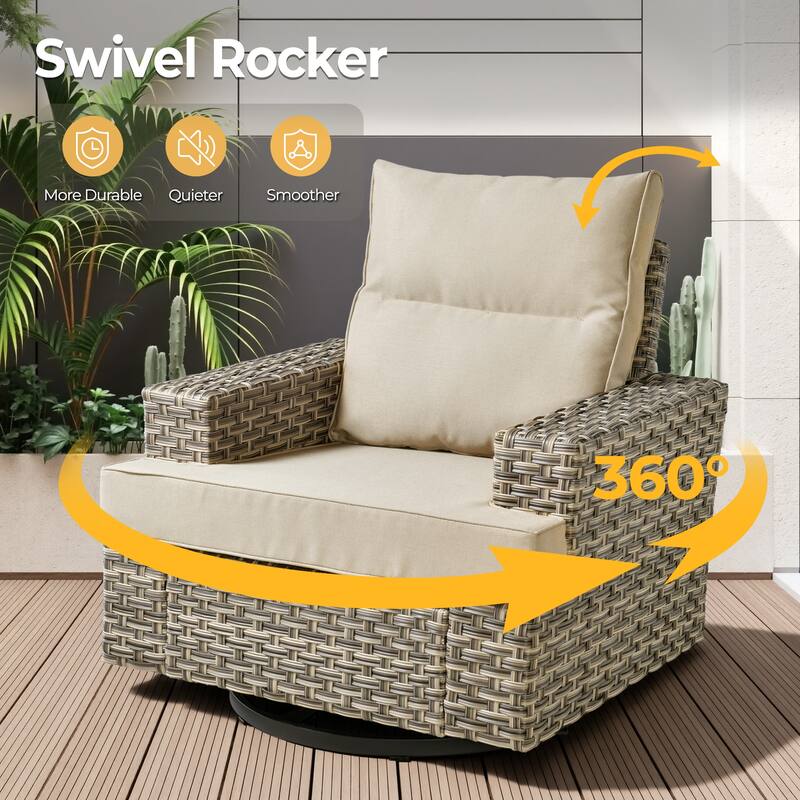 HOOOWOOO 9-piece Outdoor Wicker Furniture Swivel Rocking Chair Set with Fire Pit Table