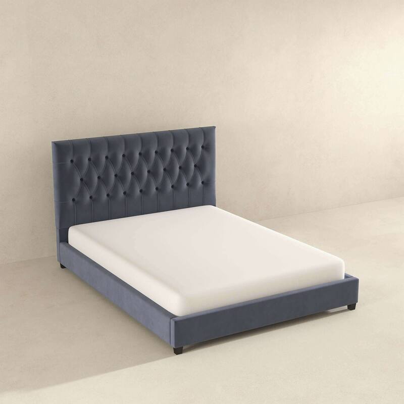Queen Size Velvet Mid-Century Platform Bed with Tufted Headboard and Solid Wood Legs