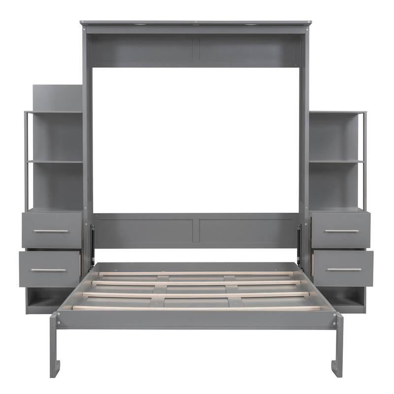 Queen Size Foldable Wall Bed with Shelves, Drawers, and LED Lights, Space-Saving Design, Gray