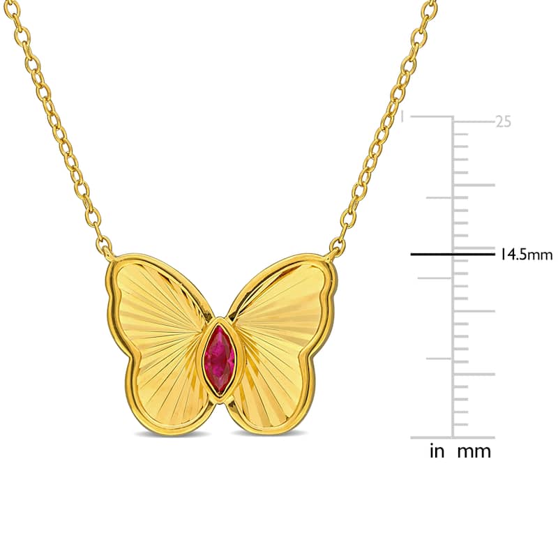Miadora 1/5ct TGW Marquise-Cut Created Ruby Butterfly Necklace in Yellow Plated Sterling Silver-17in