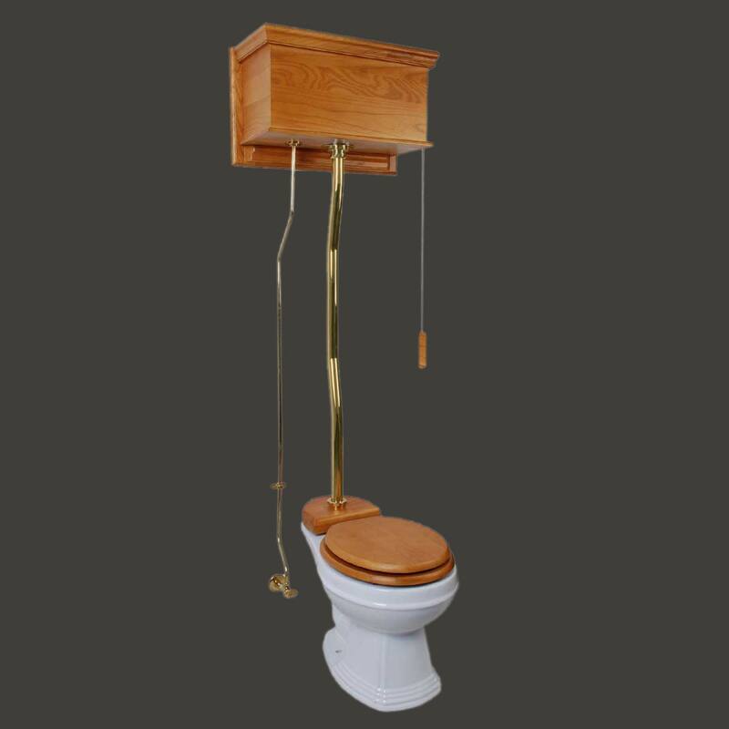 High Tank Toilet - Light Oak Wooden Flat Tank, Brass PVD Z Pipe and Round White Bowl Renovators Supply