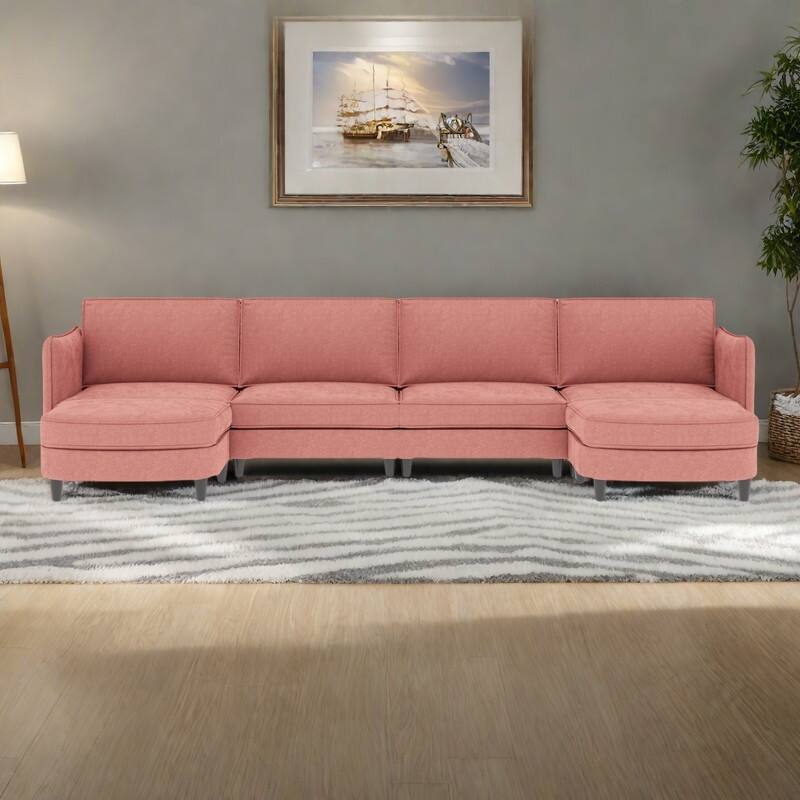 141.5" Fabric U-Shaped 6-Seater Sectional Sofa with Movable Ottoman, Arm Storage Pockets, and 1200lb Capacity - Red