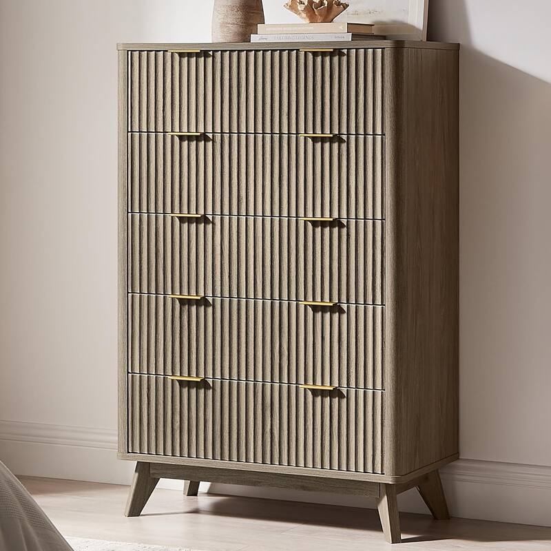 Modern Fluted 5 Drawers Dresser, Chest of Drawers, Dresser TV Stand