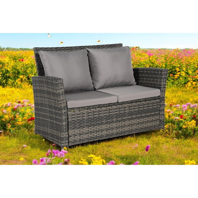 4-Piece Outdoor Patio Furniture Set, Garden Wicker Sofa with Poolside Lawn Chairs, Red Cushions, All-Weather Modular Design