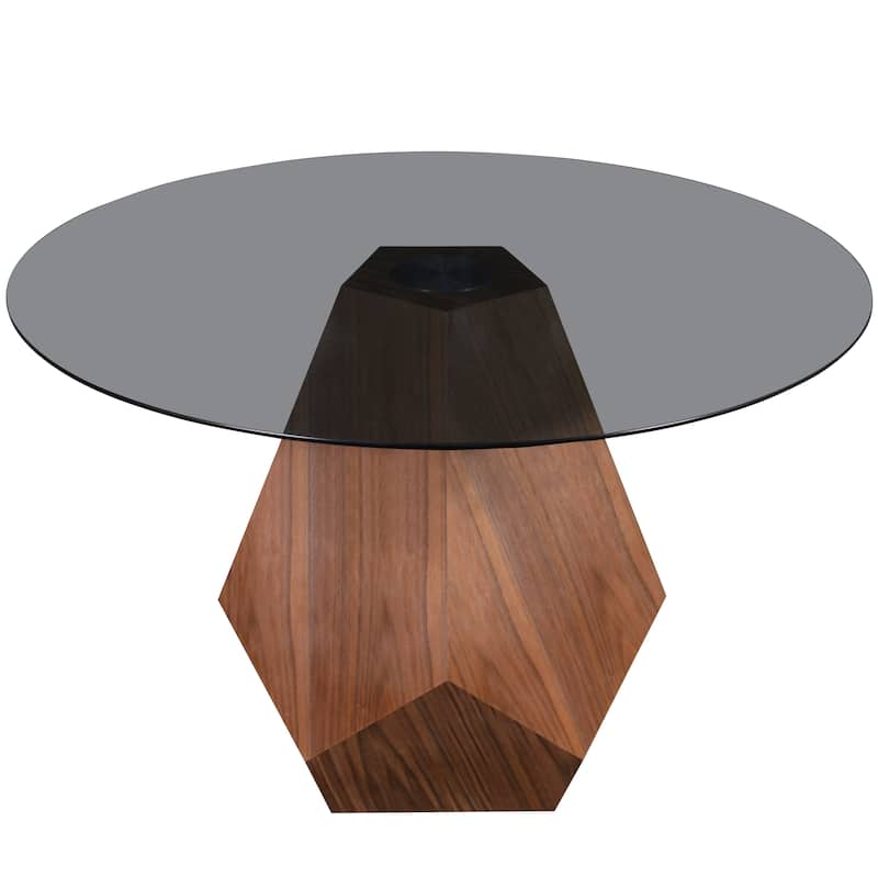 Nebo Round 47" Tempered Glass or Sintered Stone Top Dining Table with Geometric Design Ashwood Pedestal Base Kitchen Table