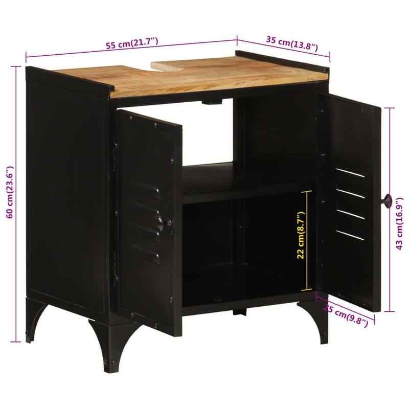 vidaXL Bathroom Sink Cabinet Black and Natural Mango Wood - 13.8 x 21.7 x 23.6 in