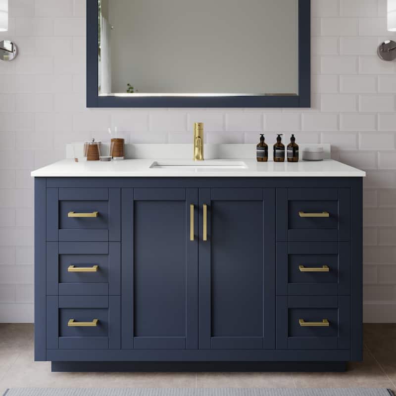Wyndham Collection WCF292954S-QTZ-UNSM46 Miranda 54" Free Standing - Dark Blue / White Quartz Top / Brushed Gold