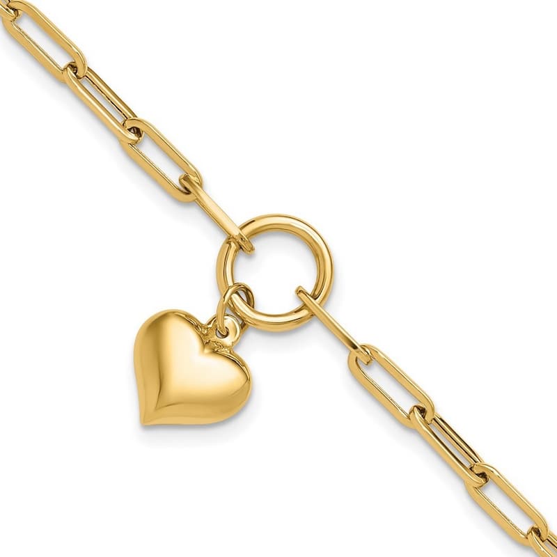 Curata 14k Yellow Gold 7.25"12.3mm Polished Puffed Heart Paperclip Link Bracelet