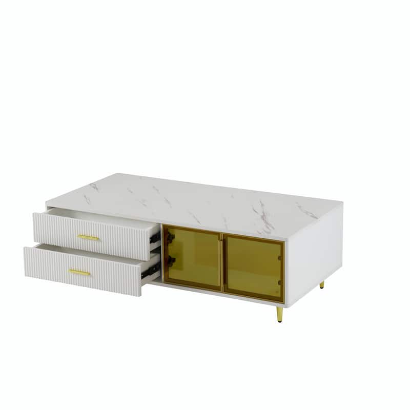 47.2'' Modern White Coffee Table with Glass Door Storage, 4 Drawers and Multi-Color Lighting