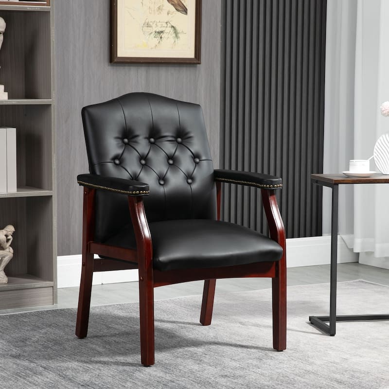 Black 26.57" Upholstered Leather Button Tufted Arm Chairs - Black