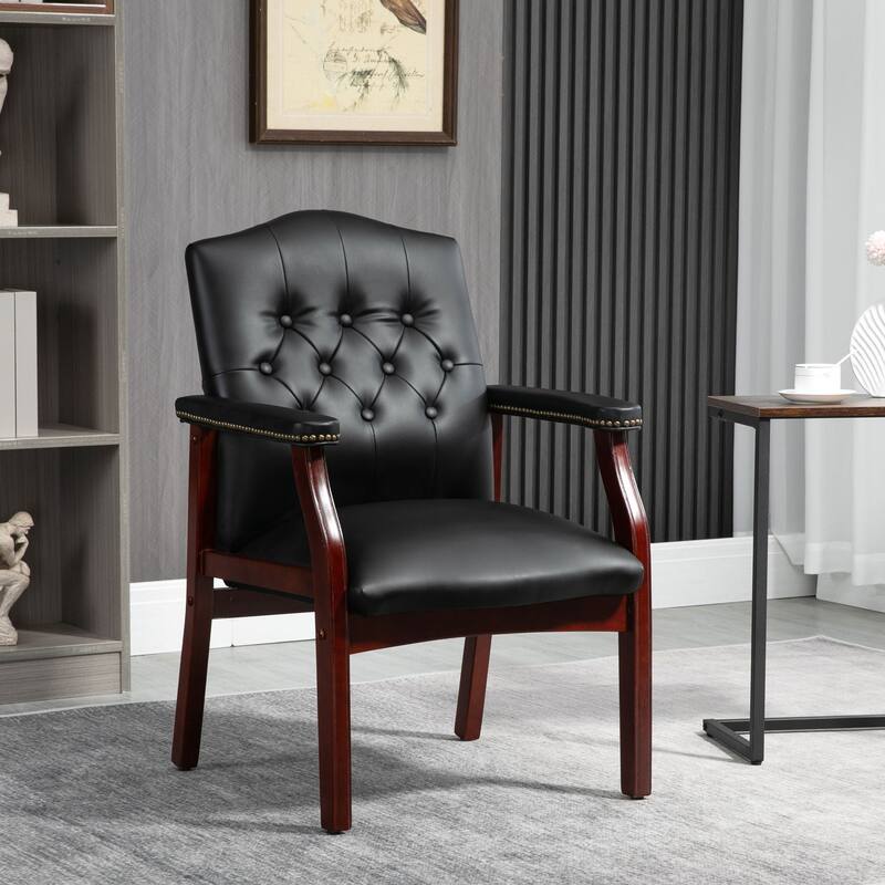 Modern Genuine Leather Office Chair Guest Chair, Ergonomic Mid-Back Office Executive Side Chair, for Meeting Rooms - Black