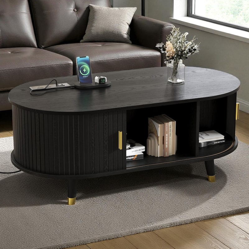 42.5'' Oval Fluted Coffee Table with Charging Station, Mid-Century Tambour Door Center Table with Solid Wood Legs