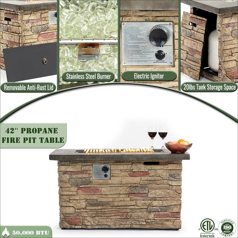 GDFStudio - Modern Outdoor 42" Propane Gas Fire Pit Table with Hidden Tank Storage & Removable Steel Lid, Cover Included