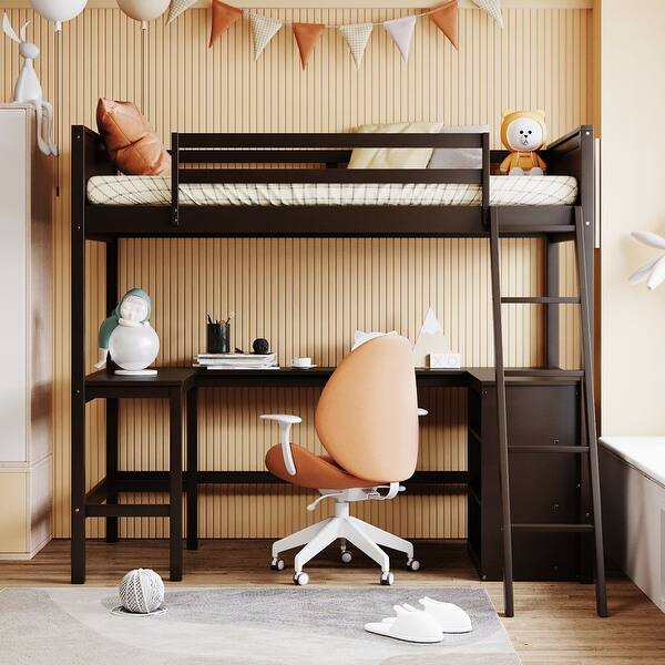 slide 2 of 9, Wooden Twin Size Loft Bed with Shelves, Desk, Ladder and Guardrail Espresso