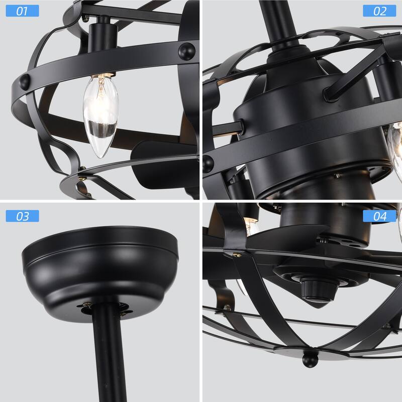 20" Industrial Ceiling Fan Light Kit for Living Room Bedroom Kitchen and Bladeless Caged Ceiling Fan with Lights - 20 Inches