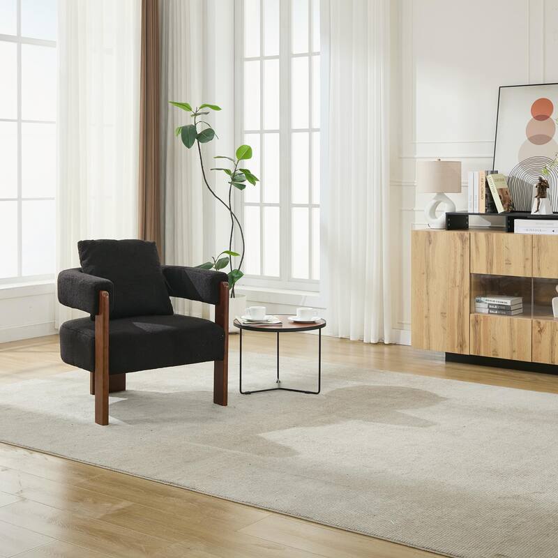 SEYNAR Modern Teddy Upholstered Fabric Round Armchair with pillow - Black