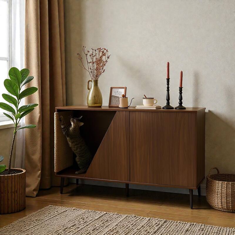 2-in-1 Walnut Cat Litter Box Cabinet with Spring-Loaded Door, Cat Scratch Side Table, Modern Pet Furniture for Living Room